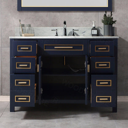 Woodbridge Milan 49" Navy Blue Solid Wood Vanity Base and Carrara White Marble Top, Single Basin With Pre-Drilled Holes for 8" Widespread Faucet