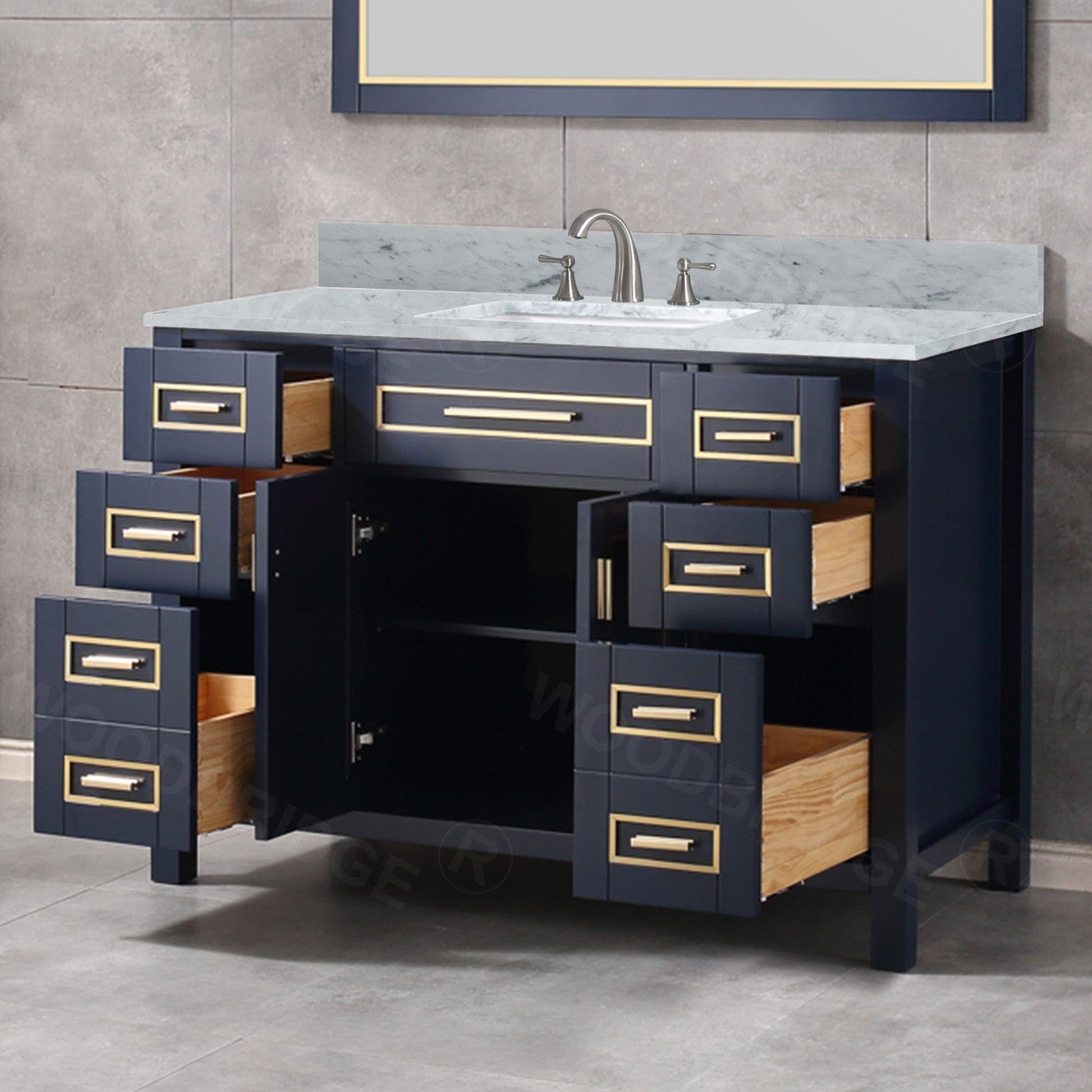 Woodbridge Milan 49" Navy Blue Solid Wood Vanity Base and Carrara White Marble Top, Single Basin With Pre-Drilled Holes for 8" Widespread Faucet