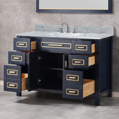 Woodbridge Milan 49" Navy Blue Solid Wood Vanity Base and Carrara White Marble Top, Single Basin With Pre-Drilled Holes for 8" Widespread Faucet