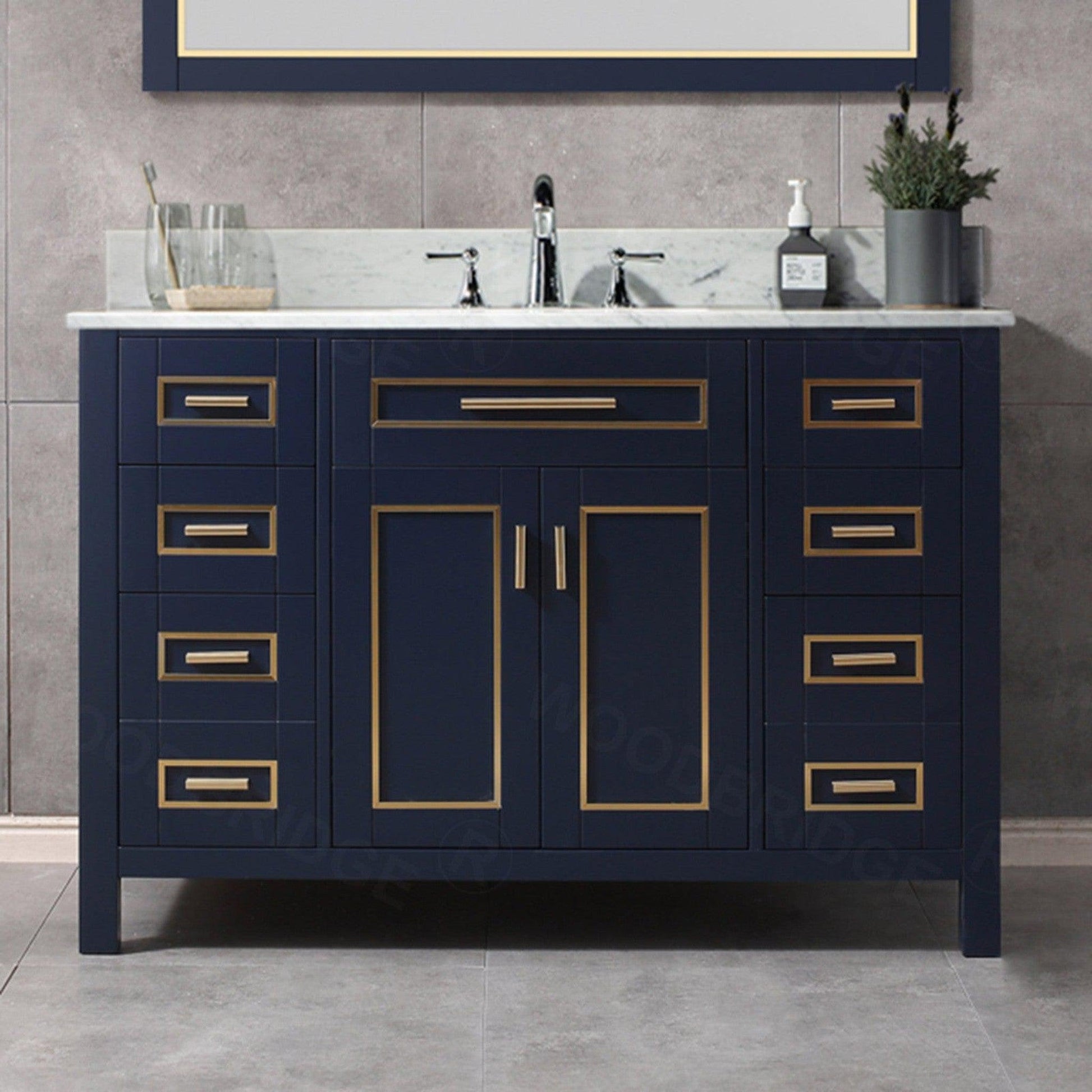 Woodbridge Milan 49" Navy Blue Solid Wood Vanity Base and Carrara White Marble Top, Single Basin With Pre-Drilled Holes for 8" Widespread Faucet