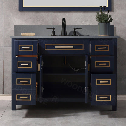 Woodbridge Milan 49" Navy Blue Solid Wood Vanity Base and Dark Gray Engineered Stone Composite Top, Single Basin With Pre-Drilled Holes for 4" Centerset Faucet