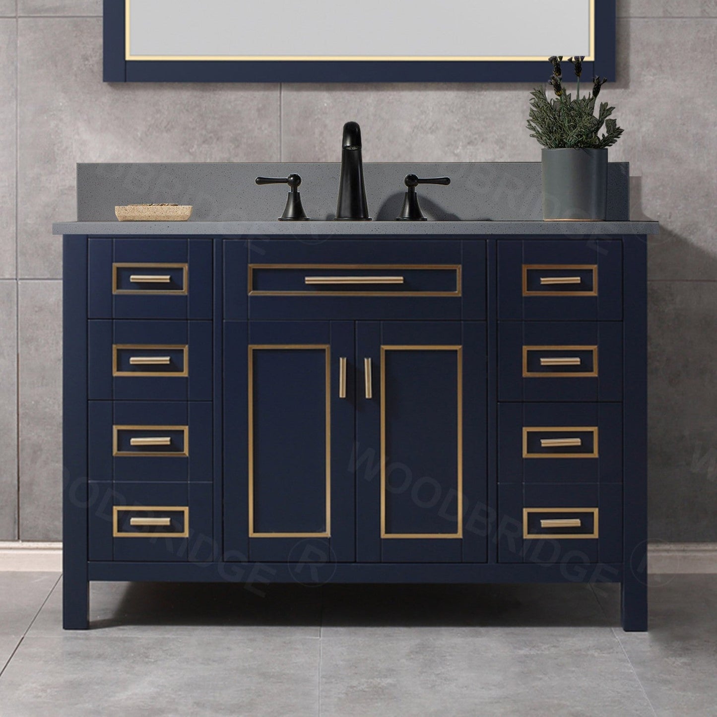 Woodbridge Milan 49" Navy Blue Solid Wood Vanity Base and Dark Gray Engineered Stone Composite Top, Single Basin With Pre-Drilled Holes for 4" Centerset Faucet