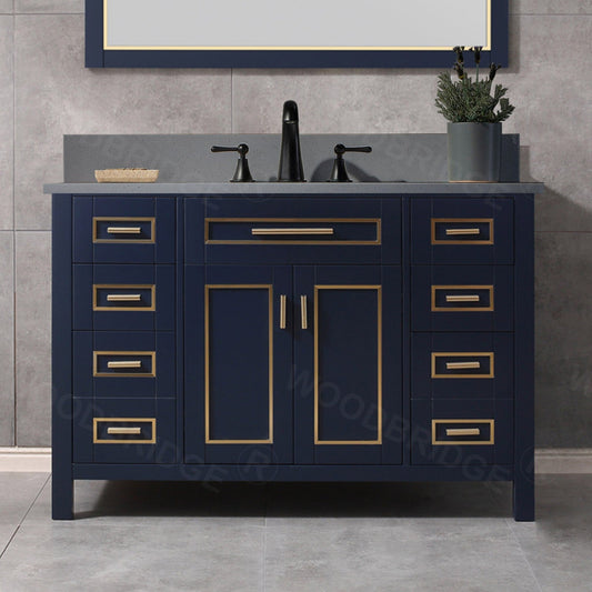 Woodbridge Milan 49" Navy Blue Solid Wood Vanity Base and Dark Gray Engineered Stone Composite Top, Single Basin With Pre-Drilled Holes for 4" Centerset Faucet