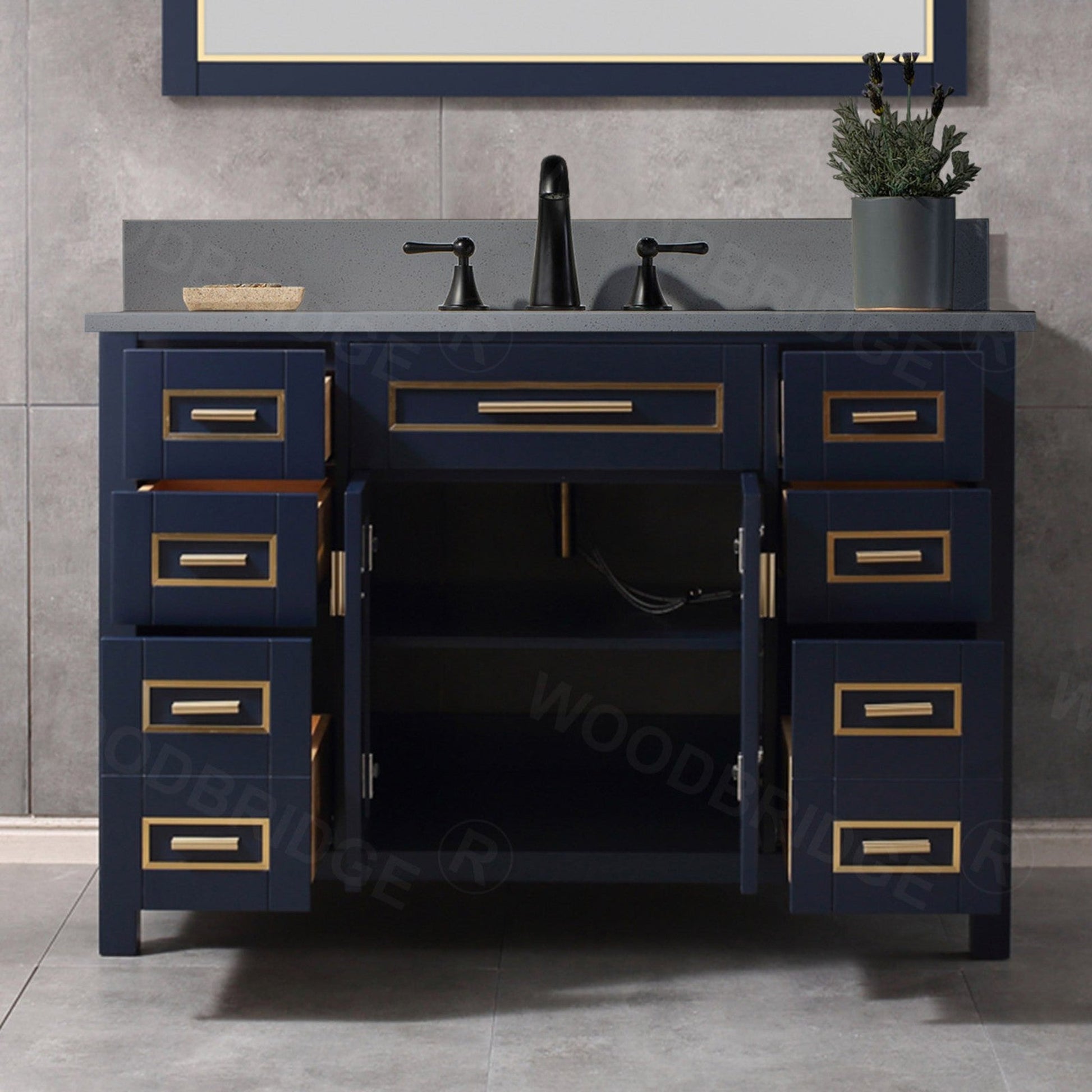 Woodbridge Milan 49" Navy Blue Solid Wood Vanity Base and Dark Gray Engineered Stone Composite Top, Single Basin With Pre-Drilled Holes for 8" Widespread Faucet