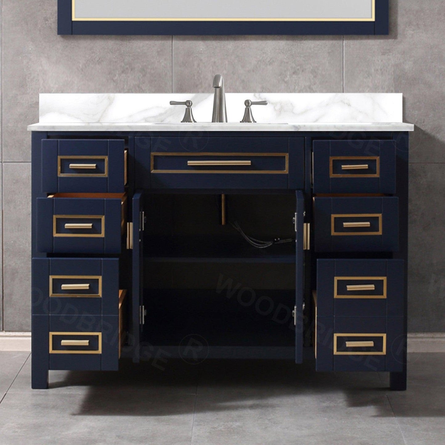 Woodbridge Milan 49" Navy Blue Solid Wood Vanity Base and White Fish Belly Engineered Stone Composite Top, Single Basin With Pre-Drilled Holes for 8" Widespread Faucet