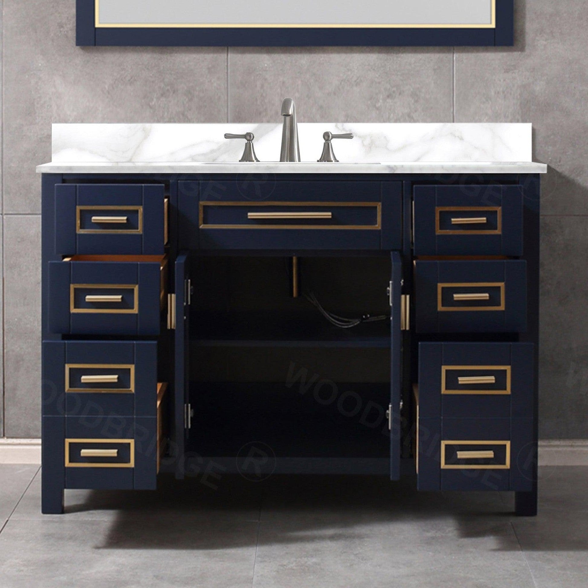 Woodbridge Milan 49" Navy Blue Solid Wood Vanity Base and White Fish Belly Engineered Stone Composite Top, Single Basin With Pre-Drilled Holes for 8" Widespread Faucet