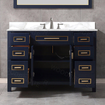 Woodbridge Milan 49" Navy Blue Solid Wood Vanity Base and White Fish Belly Engineered Stone Composite Top, Single Basin With Pre-Drilled Holes for 8" Widespread Faucet