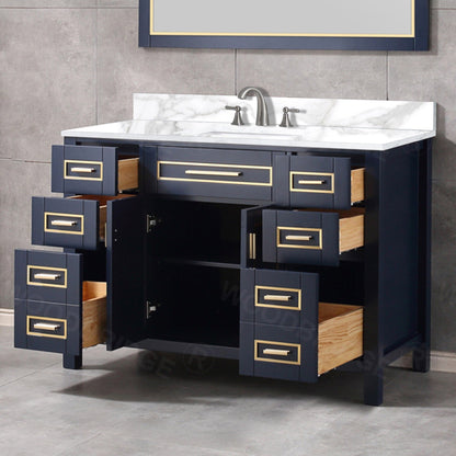 Woodbridge Milan 49" Navy Blue Solid Wood Vanity Base and White Fish Belly Engineered Stone Composite Top, Single Basin With Pre-Drilled Holes for 8" Widespread Faucet