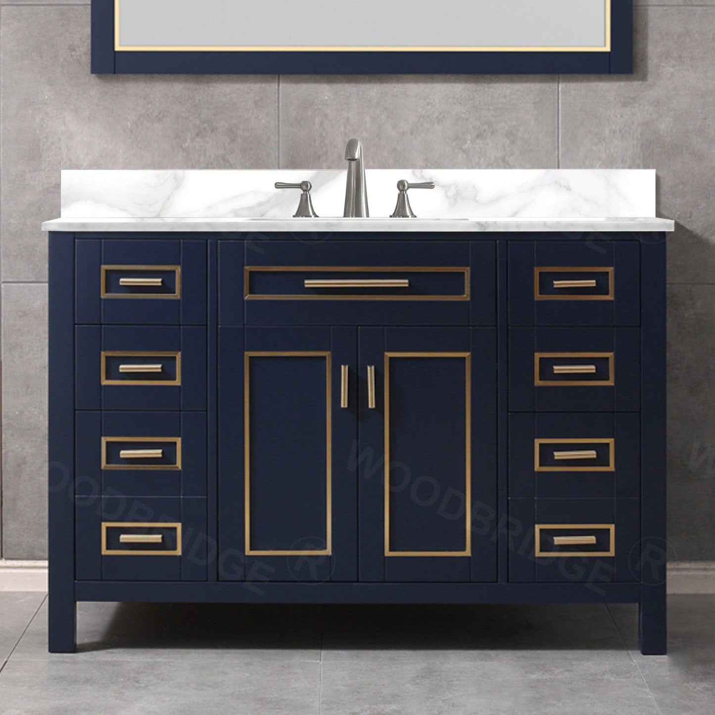 Woodbridge Milan 49" Navy Blue Solid Wood Vanity Base and White Fish Belly Engineered Stone Composite Top, Single Basin With Pre-Drilled Holes for 8" Widespread Faucet