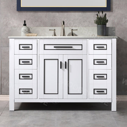 Woodbridge Milan 49" White Solid Wood Vanity Base and Carrara White Engineered Stone Composite Top, Single Basin With Pre-Drilled 3-Hole for 8" Widespread Faucet