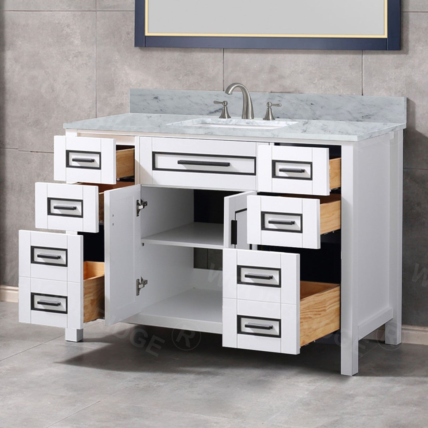Woodbridge Milan 49" White Solid Wood Vanity Base and Carrara White Marble Top, Single Basin With Pre-Drilled 3-Hole for 4" Centerset Faucet