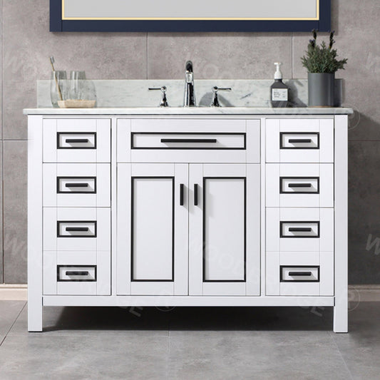 Woodbridge Milan 49" White Solid Wood Vanity Base and Carrara White Marble Top, Single Basin With Pre-Drilled 3-Hole for 4" Centerset Faucet
