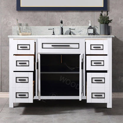 Woodbridge Milan 49" White Solid Wood Vanity Base and Carrara White Marble Top, Single Basin With Pre-Drilled Holes for 8" Widespread Faucet