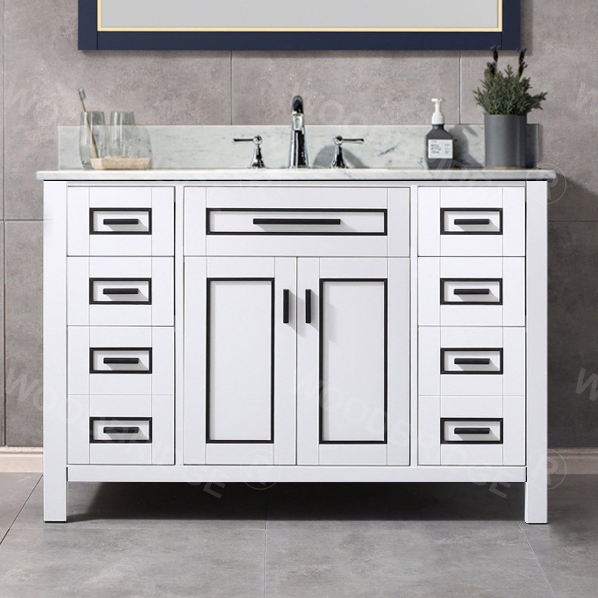 Woodbridge Milan 49" White Solid Wood Vanity Base and Carrara White Marble Top, Single Basin With Pre-Drilled Holes for 8" Widespread Faucet