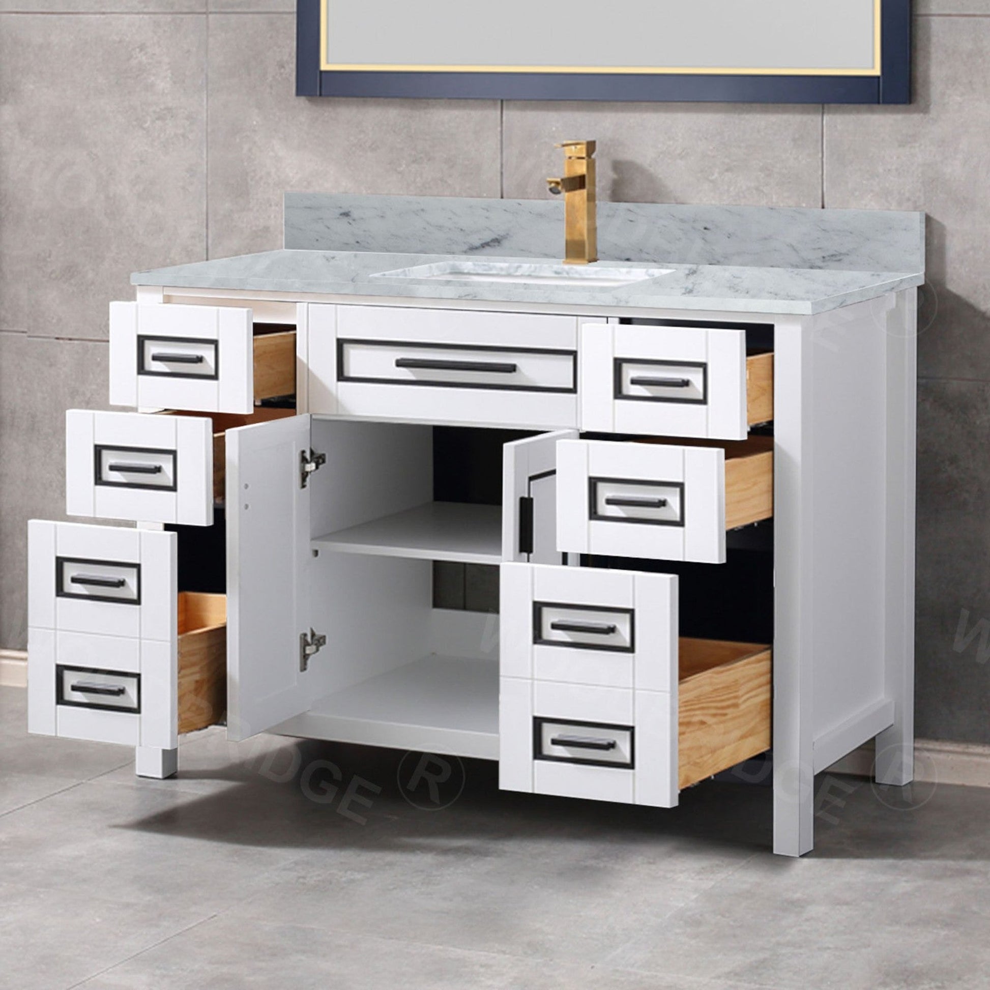 Woodbridge Milan 49" White Solid Wood Vanity Base and Carrara White Marble Top, Single Basin With Pre-Drilled Single Faucet Hole