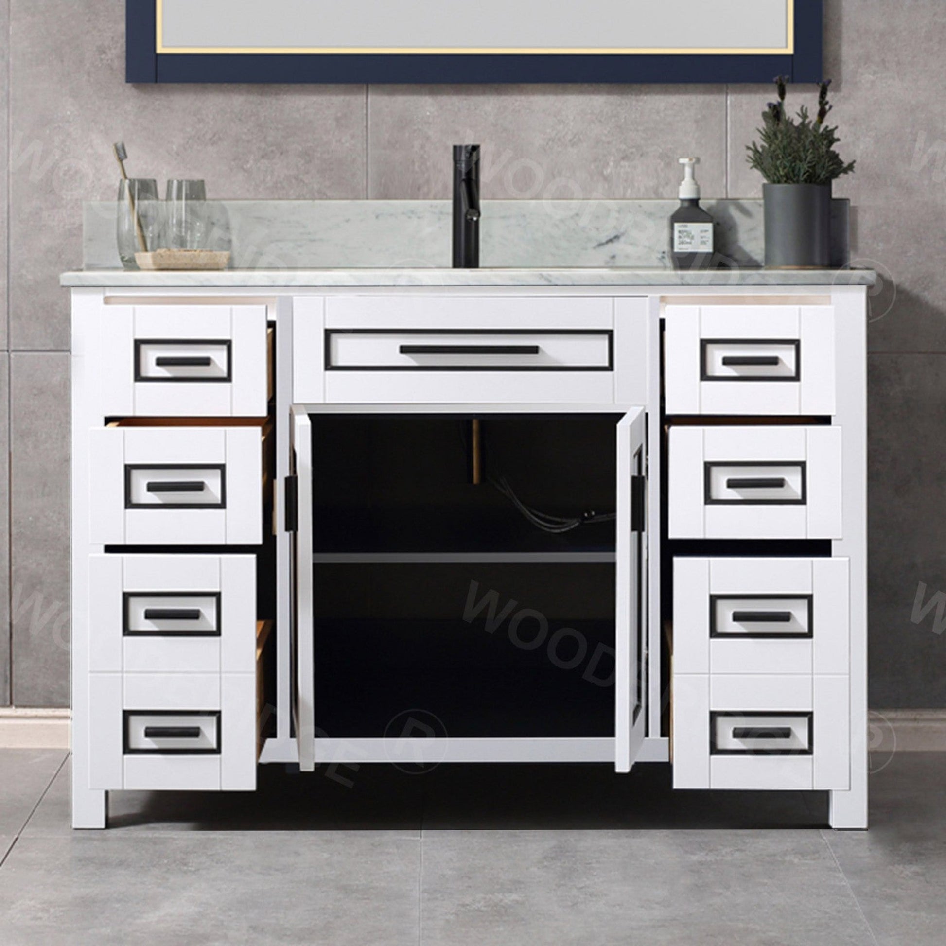 Woodbridge Milan 49" White Solid Wood Vanity Base and Carrara White Marble Top, Single Basin With Pre-Drilled Single Faucet Hole