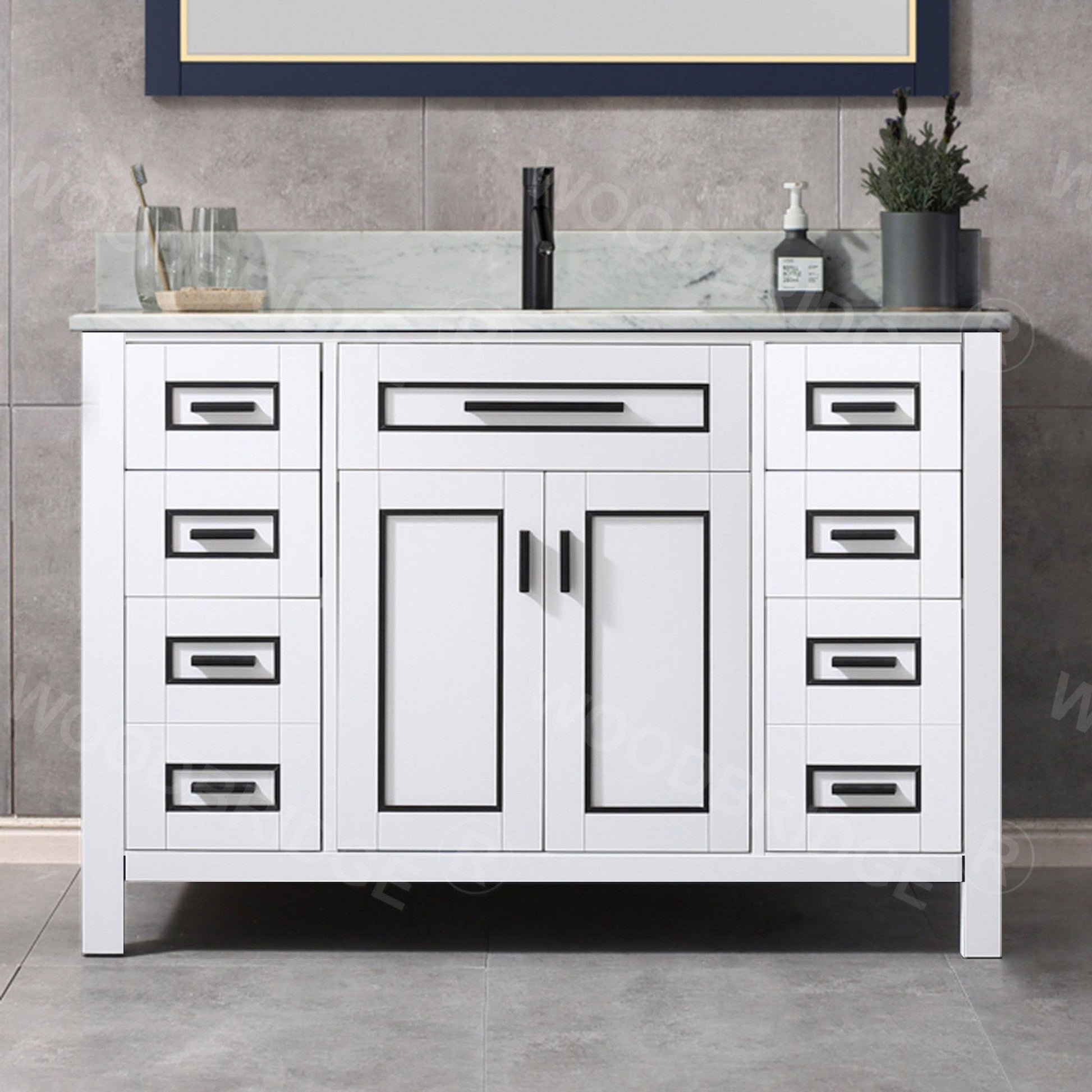 Woodbridge Milan 49" White Solid Wood Vanity Base and Carrara White Marble Top, Single Basin With Pre-Drilled Single Faucet Hole