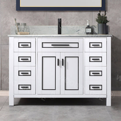Woodbridge Milan 49" White Solid Wood Vanity Base and Carrara White Marble Top, Single Basin With Pre-Drilled Single Faucet Hole