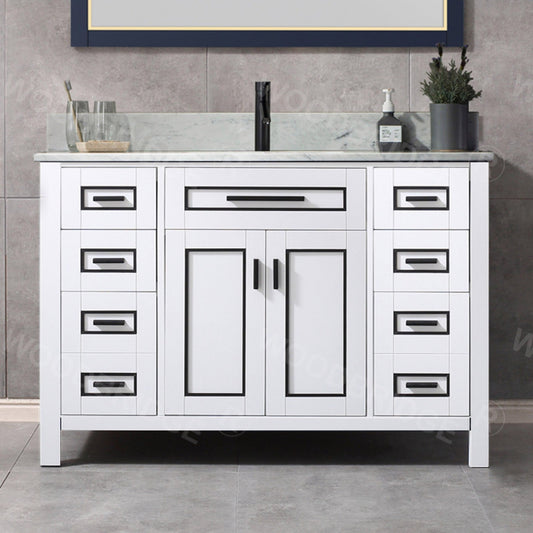 Woodbridge Milan 49" White Solid Wood Vanity Base and Carrara White Marble Top, Single Basin With Pre-Drilled Single Faucet Hole