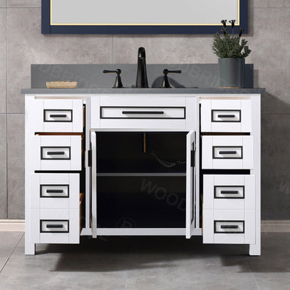 Woodbridge Milan 49" White Solid Wood Vanity Base and Dark Gray Engineered Stone Composite Top, Single Basin With Pre-Drilled 3-Hole for 4" Centerset Faucet