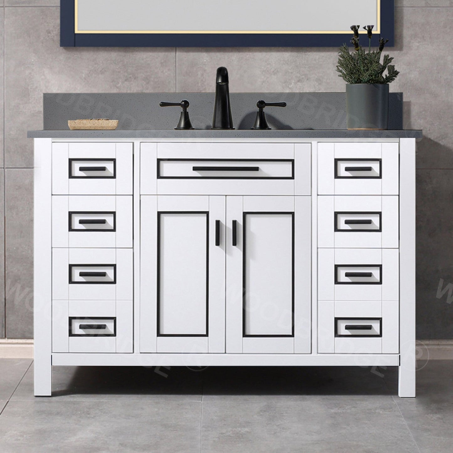 Woodbridge Milan 49" White Solid Wood Vanity Base and Dark Gray Engineered Stone Composite Top, Single Basin With Pre-Drilled 3-Hole for 4" Centerset Faucet