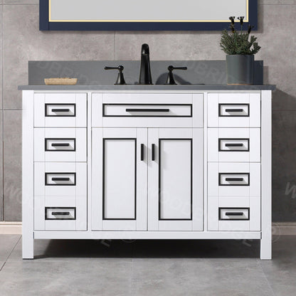 Woodbridge Milan 49" White Solid Wood Vanity Base and Dark Gray Engineered Stone Composite Top, Single Basin With Pre-Drilled 3-Hole for 8" Widespread Faucet