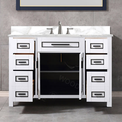 Woodbridge Milan 49" White Solid Wood Vanity Base and White Fish Belly Engineered Stone Composite Top, Single Basin With Pre-Drilled 3-Hole for 4" Centerset Faucet