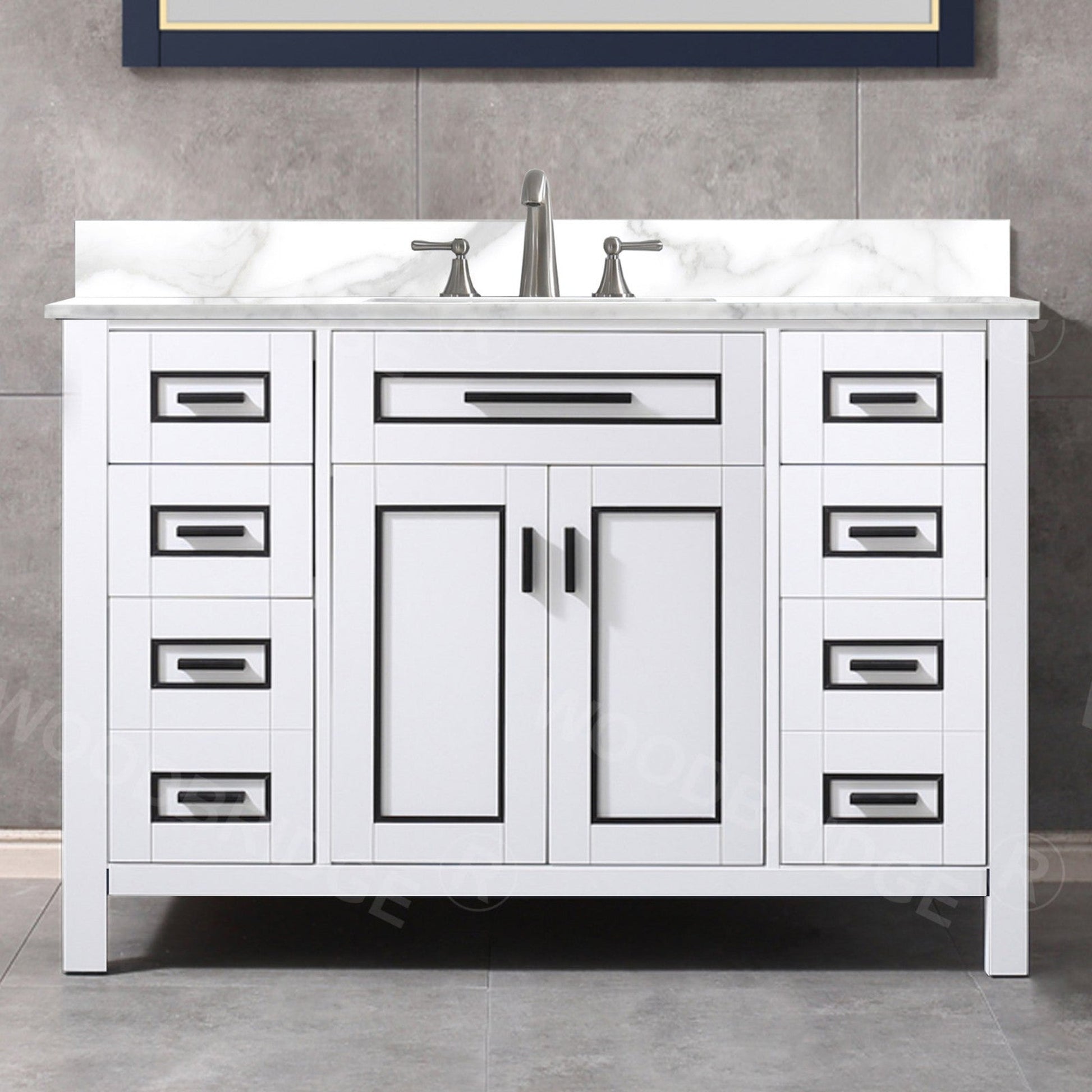 Woodbridge Milan 49" White Solid Wood Vanity Base and White Fish Belly Engineered Stone Composite Top, Single Basin With Pre-Drilled 3-Hole for 4" Centerset Faucet