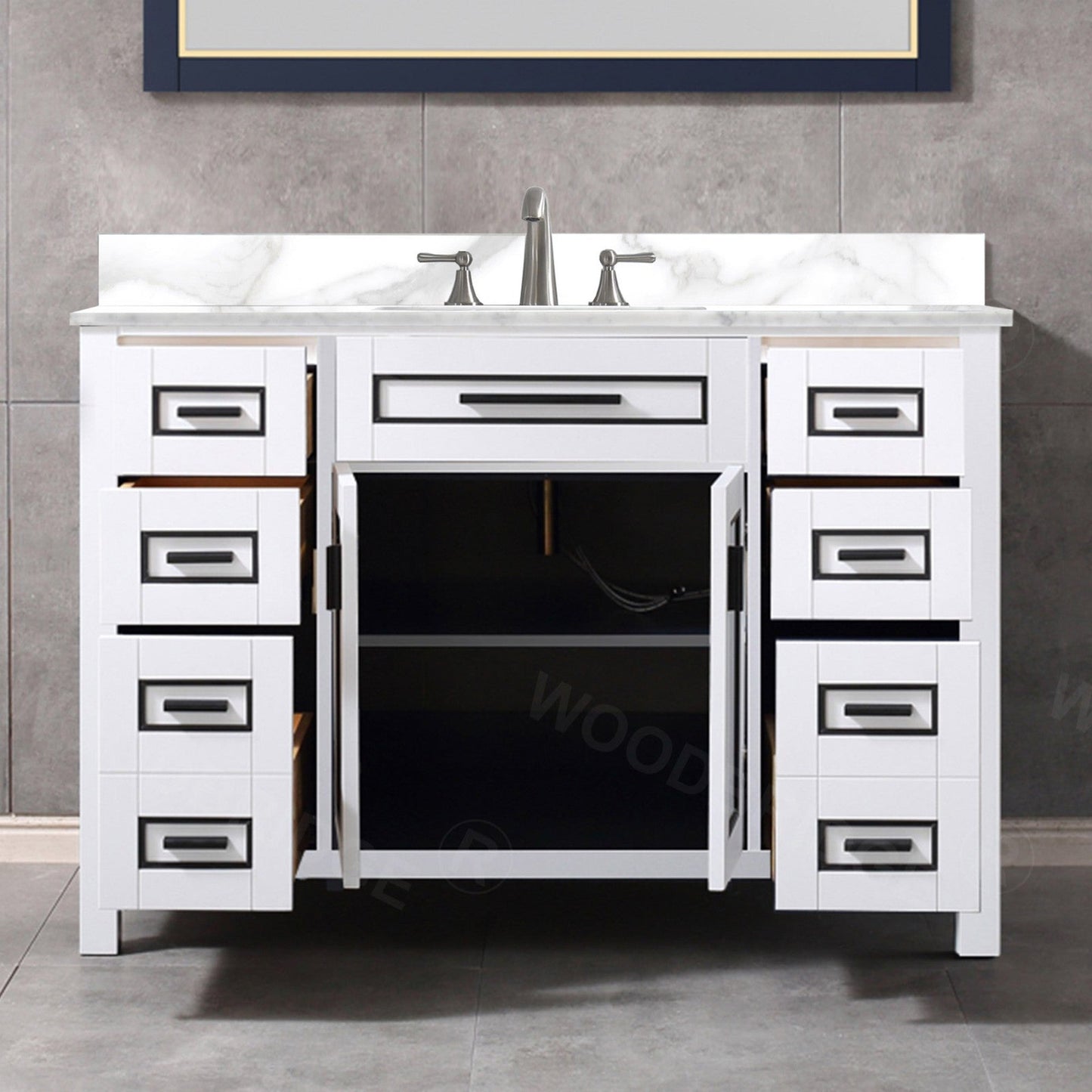 Woodbridge Milan 49" White Solid Wood Vanity Base and White Fish Belly Engineered Stone Composite Top, Single Basin With Pre-Drilled 3-Hole for 8" Widespread Faucet