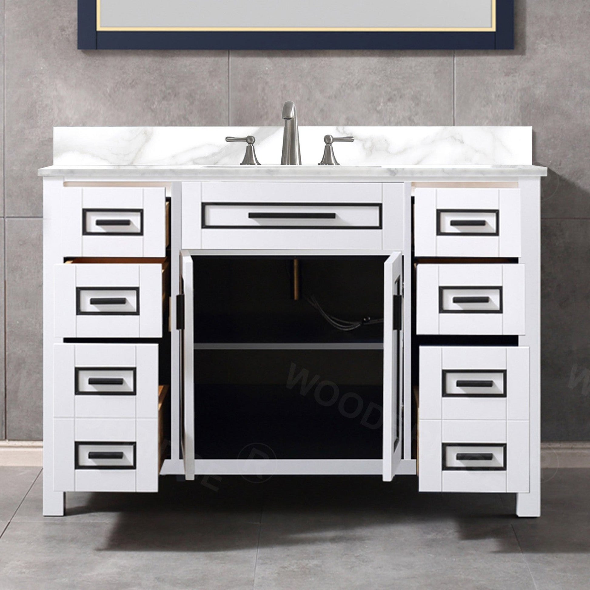 Woodbridge Milan 49" White Solid Wood Vanity Base and White Fish Belly Engineered Stone Composite Top, Single Basin With Pre-Drilled 3-Hole for 8" Widespread Faucet