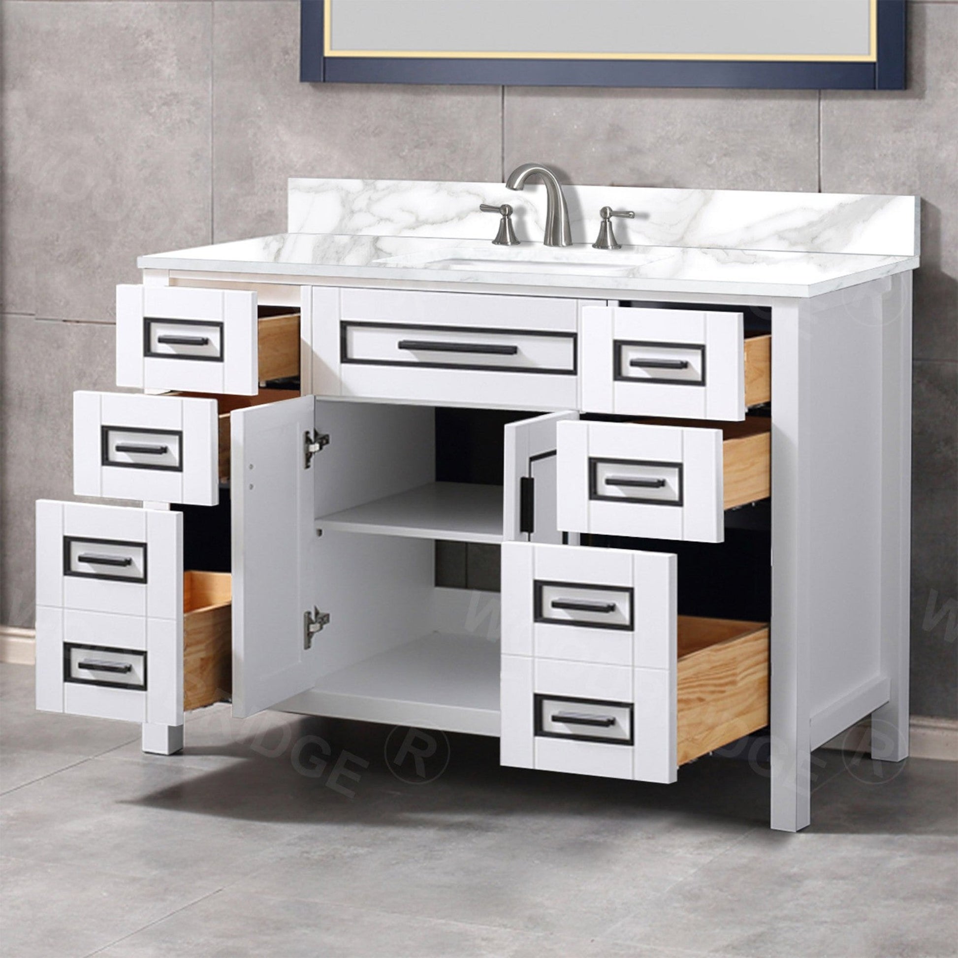 Woodbridge Milan 49" White Solid Wood Vanity Base and White Fish Belly Engineered Stone Composite Top, Single Basin With Pre-Drilled 3-Hole for 8" Widespread Faucet