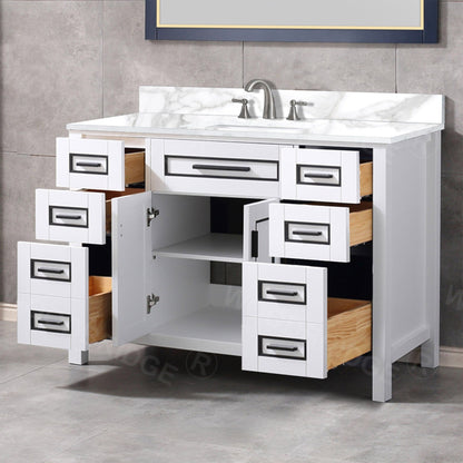 Woodbridge Milan 49" White Solid Wood Vanity Base and White Fish Belly Engineered Stone Composite Top, Single Basin With Pre-Drilled 3-Hole for 8" Widespread Faucet