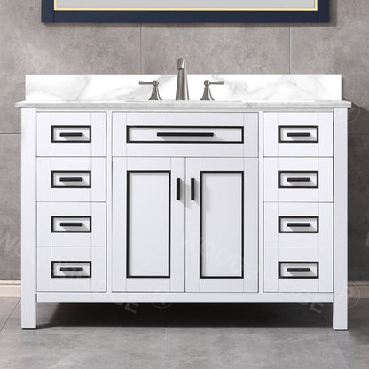 Woodbridge Milan 49" White Solid Wood Vanity Base and White Fish Belly Engineered Stone Composite Top, Single Basin With Pre-Drilled 3-Hole for 8" Widespread Faucet