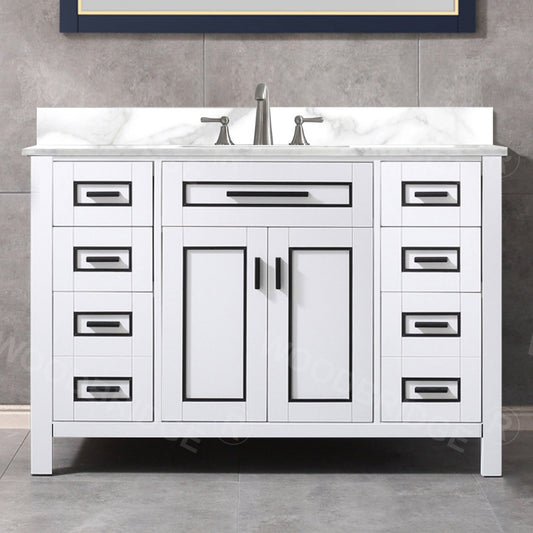 Woodbridge Milan 49" White Solid Wood Vanity Base and White Fish Belly Engineered Stone Composite Top, Single Basin With Pre-Drilled 3-Hole for 8" Widespread Faucet