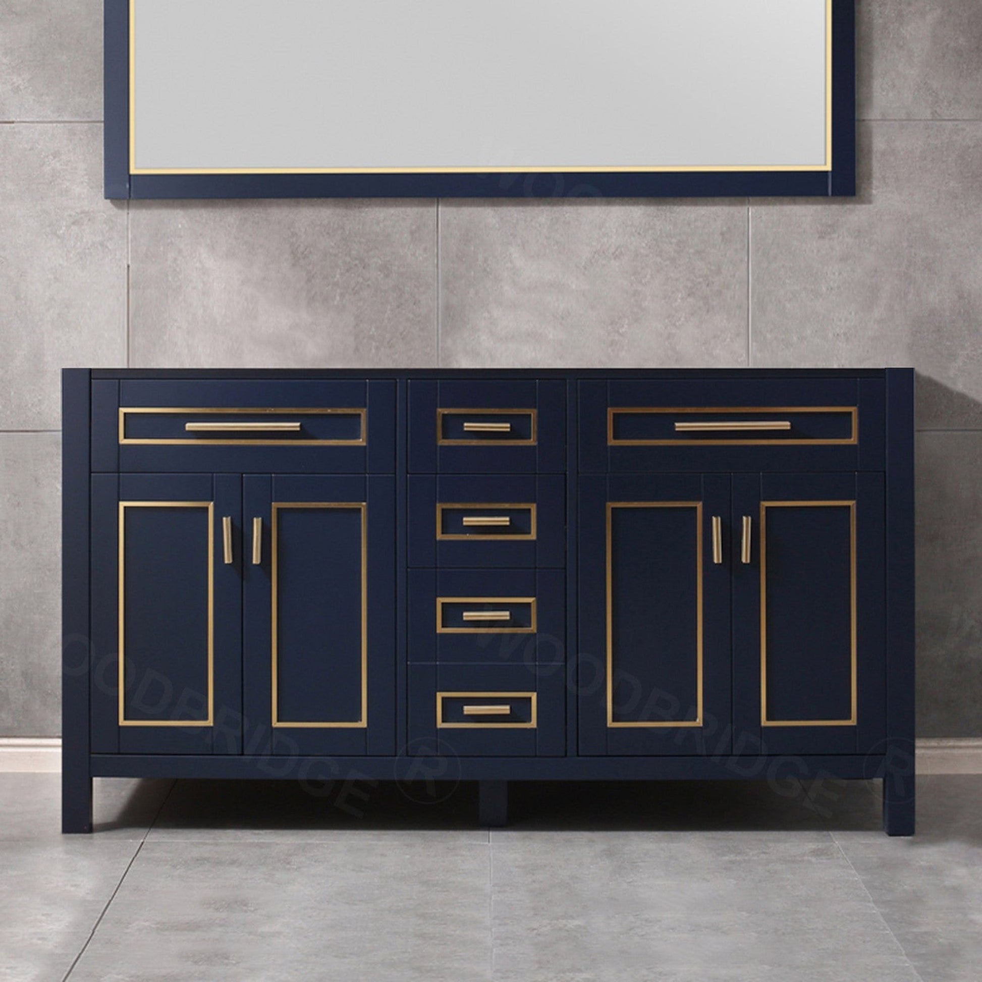 Woodbridge Milan 60" Navy Blue Solid Wood Vanity Base With Gold Trim