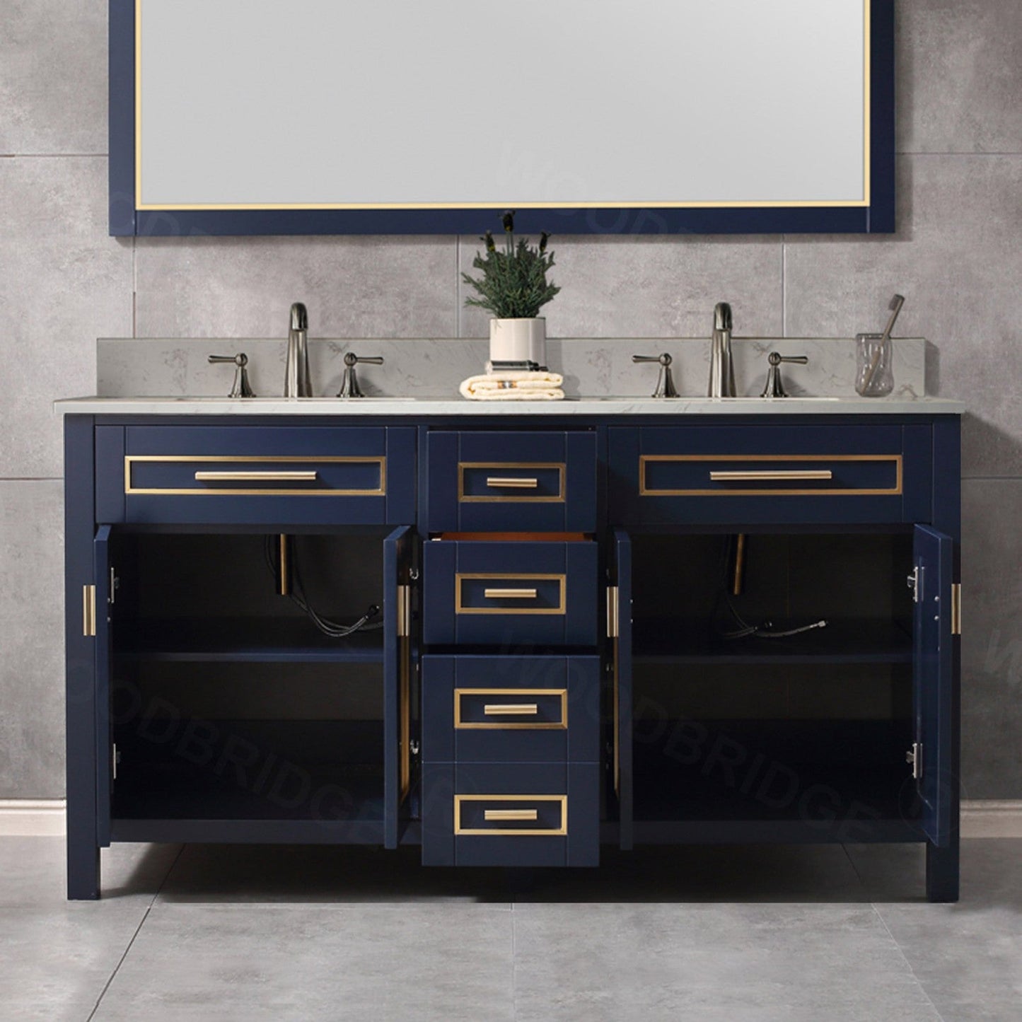 Woodbridge Milan 61" Navy Blue Solid Wood Vanity Base and Carrara White Engineered Stone Composite Top, Single Basin With Pre-Drilled 3-Hole for 8" Widespread Faucet