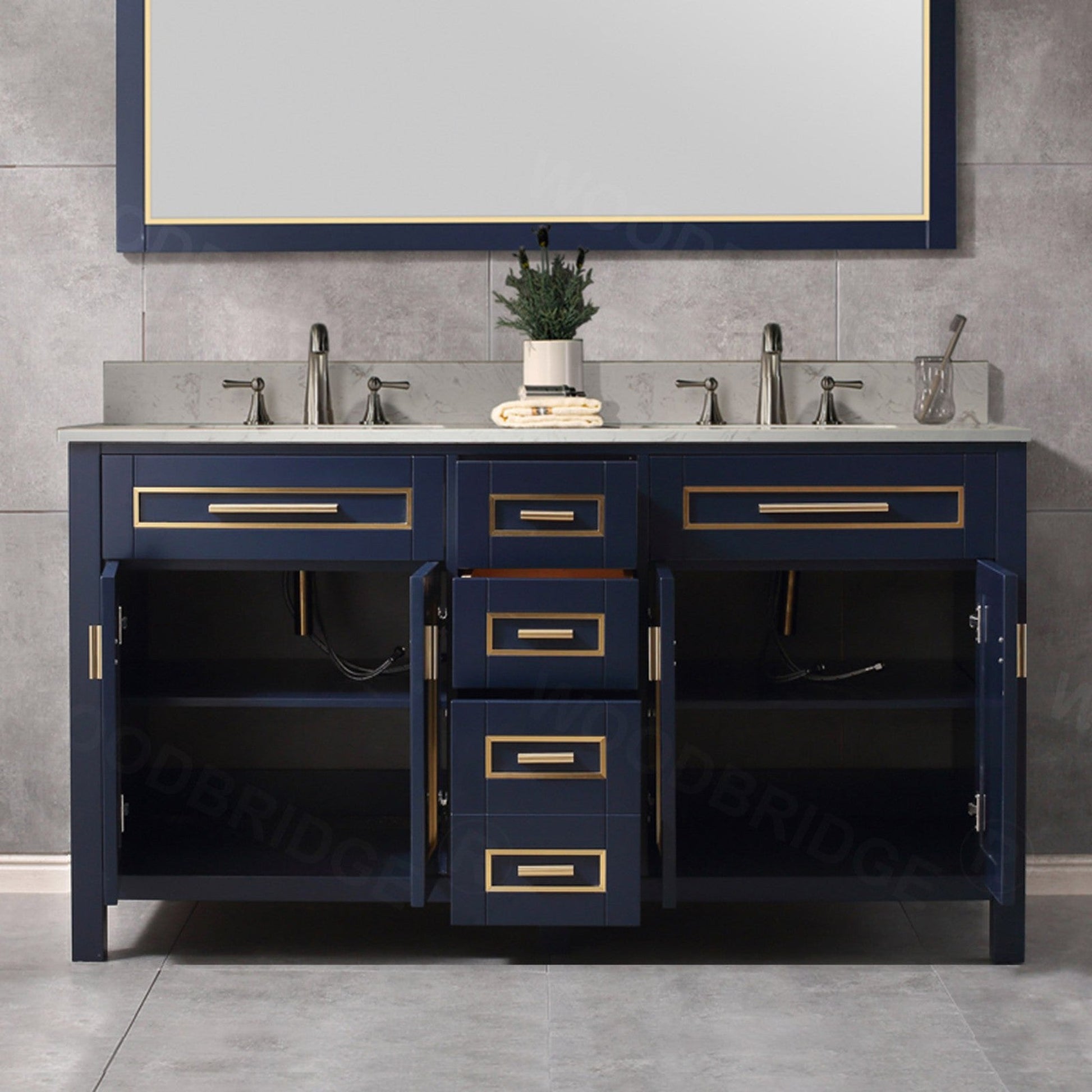 Woodbridge Milan 61" Navy Blue Solid Wood Vanity Base and Carrara White Engineered Stone Composite Top, Single Basin With Pre-Drilled 3-Hole for 8" Widespread Faucet