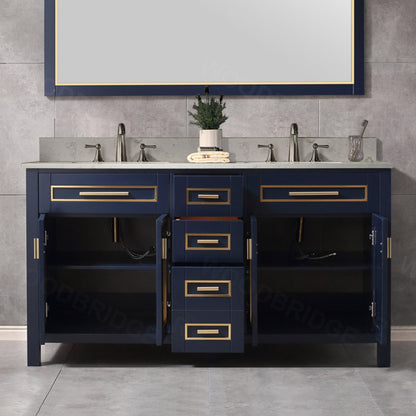 Woodbridge Milan 61" Navy Blue Solid Wood Vanity Base and Carrara White Engineered Stone Composite Top, Single Basin With Pre-Drilled 3-Hole for 8" Widespread Faucet