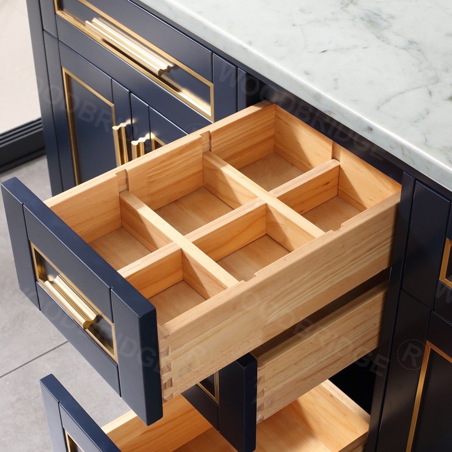 Woodbridge Milan 61" Navy Blue Solid Wood Vanity Base and Carrara White Engineered Stone Composite Top, Single Basin With Pre-Drilled 3-Hole for 8" Widespread Faucet