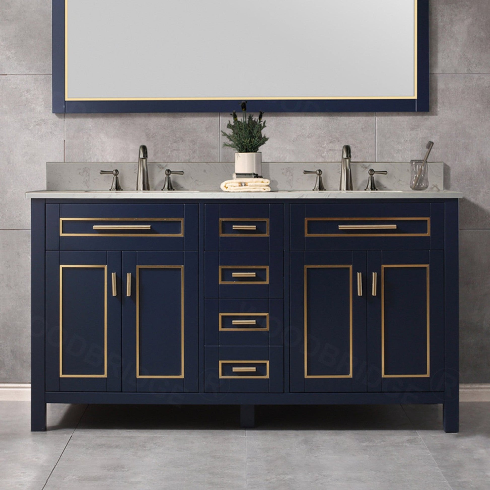 Woodbridge Milan 61" Navy Blue Solid Wood Vanity Base and Carrara White Engineered Stone Composite Top, Single Basin With Pre-Drilled 3-Hole for 8" Widespread Faucet