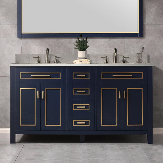 Woodbridge Milan 61" Navy Blue Solid Wood Vanity Base and Carrara White Engineered Stone Composite Top, Single Basin With Pre-Drilled 3-Hole for 8" Widespread Faucet