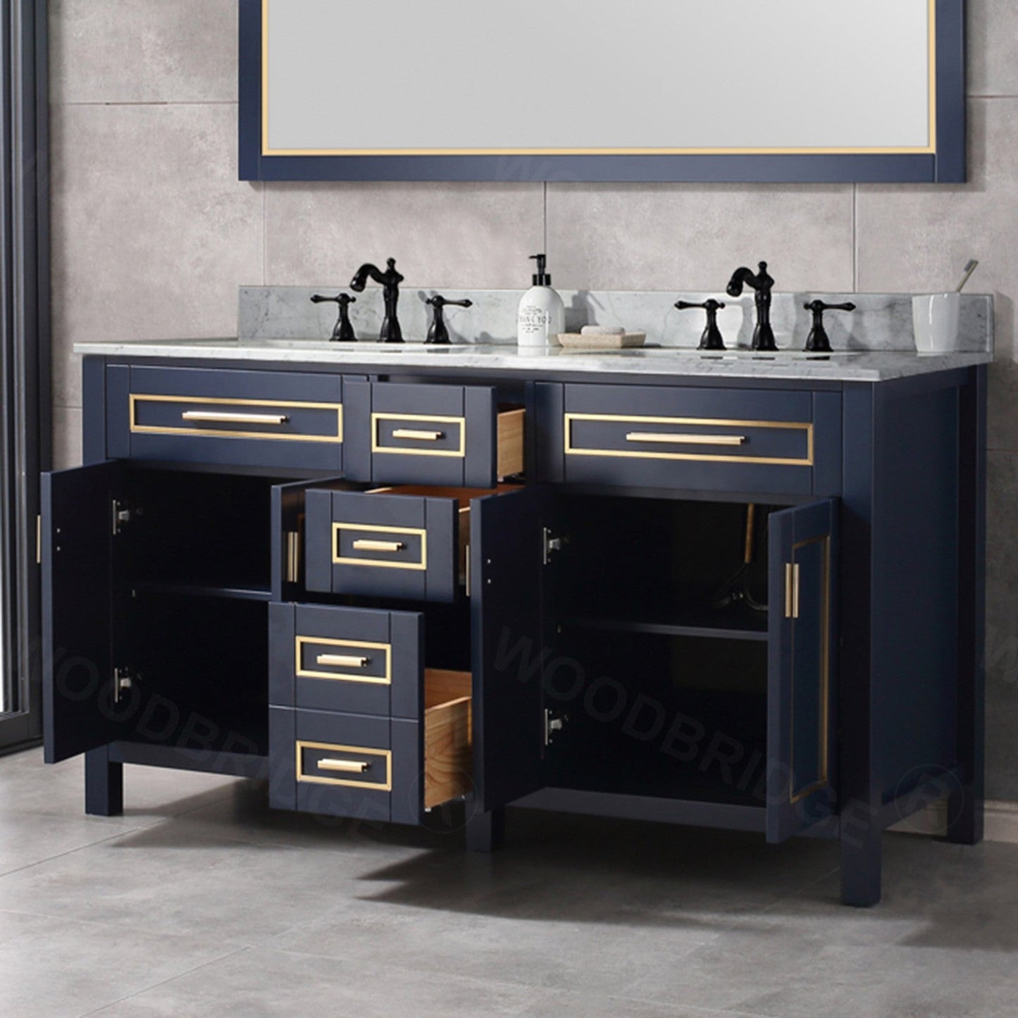 Woodbridge Milan 61" Navy Blue Solid Wood Vanity Base and Carrara White Marble Top, Single Basin With Pre-Drilled Holes for 8" Widespread Faucet
