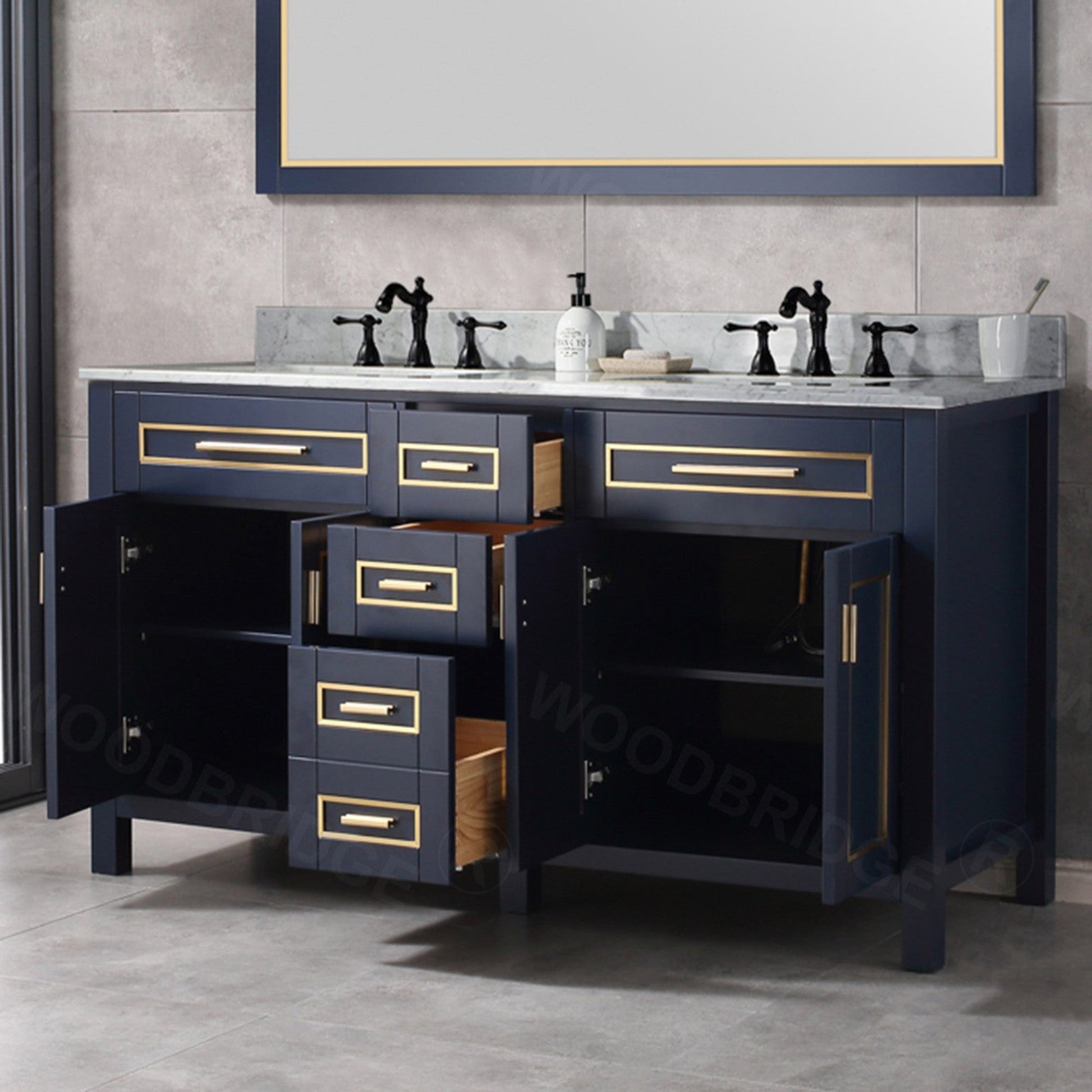Woodbridge Milan 61" Navy Blue Solid Wood Vanity Base and Carrara White Marble Top, Single Basin With Pre-Drilled Holes for 8" Widespread Faucet