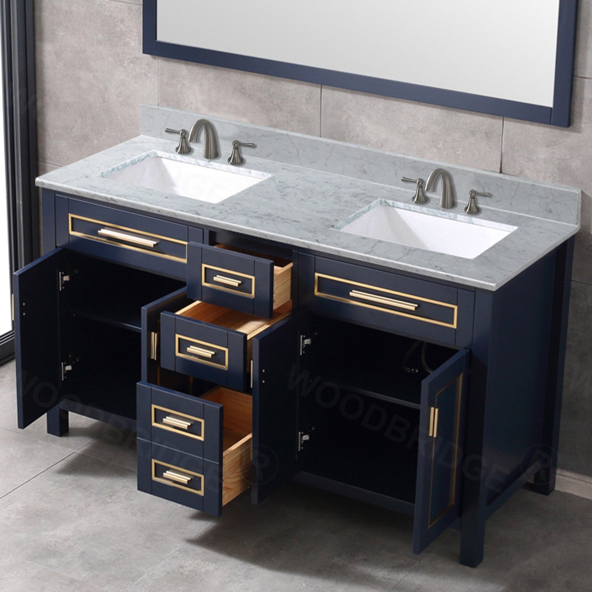 Woodbridge Milan 61" Navy Blue Solid Wood Vanity Base and Carrara White Marble Top, Single Basin With Pre-Drilled Holes for 8" Widespread Faucet