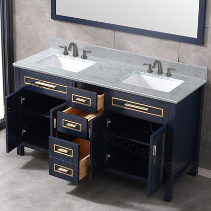 Woodbridge Milan 61" Navy Blue Solid Wood Vanity Base and Carrara White Marble Top, Single Basin With Pre-Drilled Holes for 8" Widespread Faucet