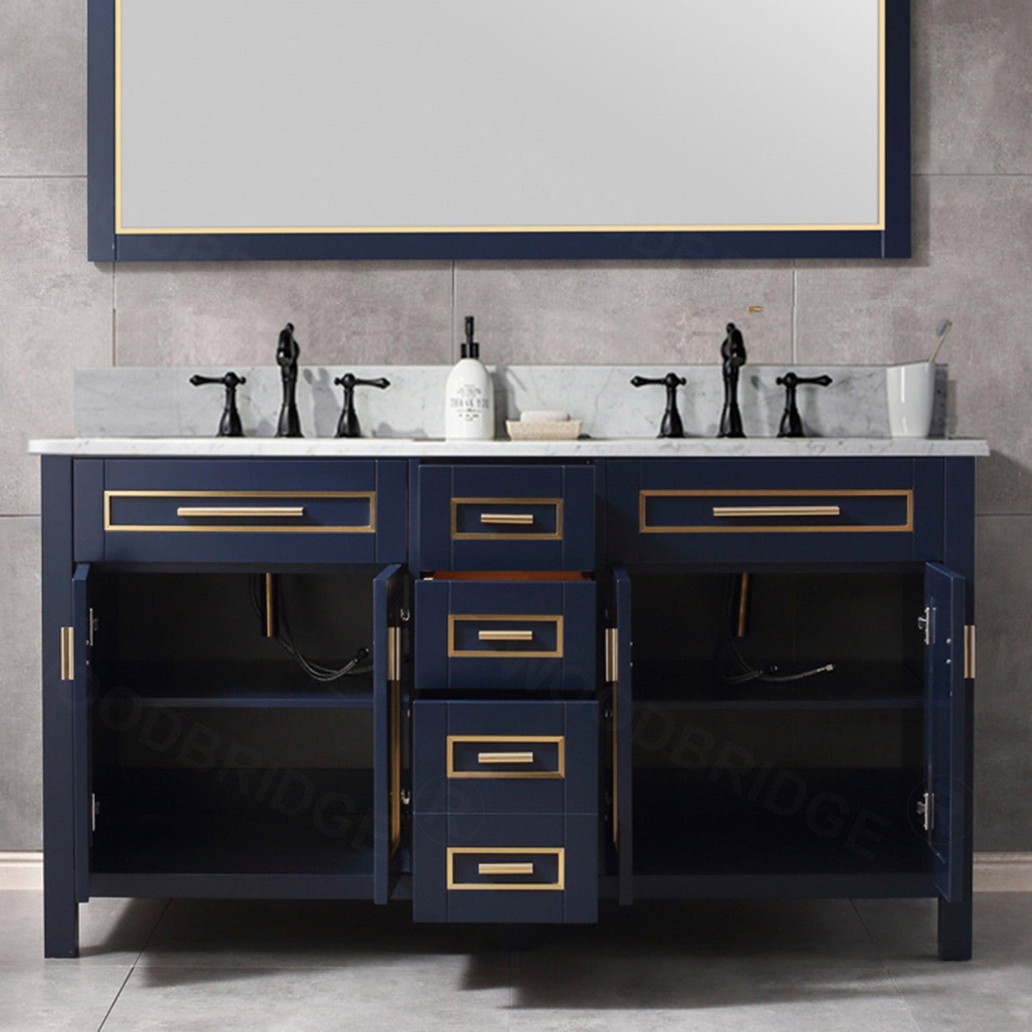 Woodbridge Milan 61" Navy Blue Solid Wood Vanity Base and Carrara White Marble Top, Single Basin With Pre-Drilled Holes for 8" Widespread Faucet