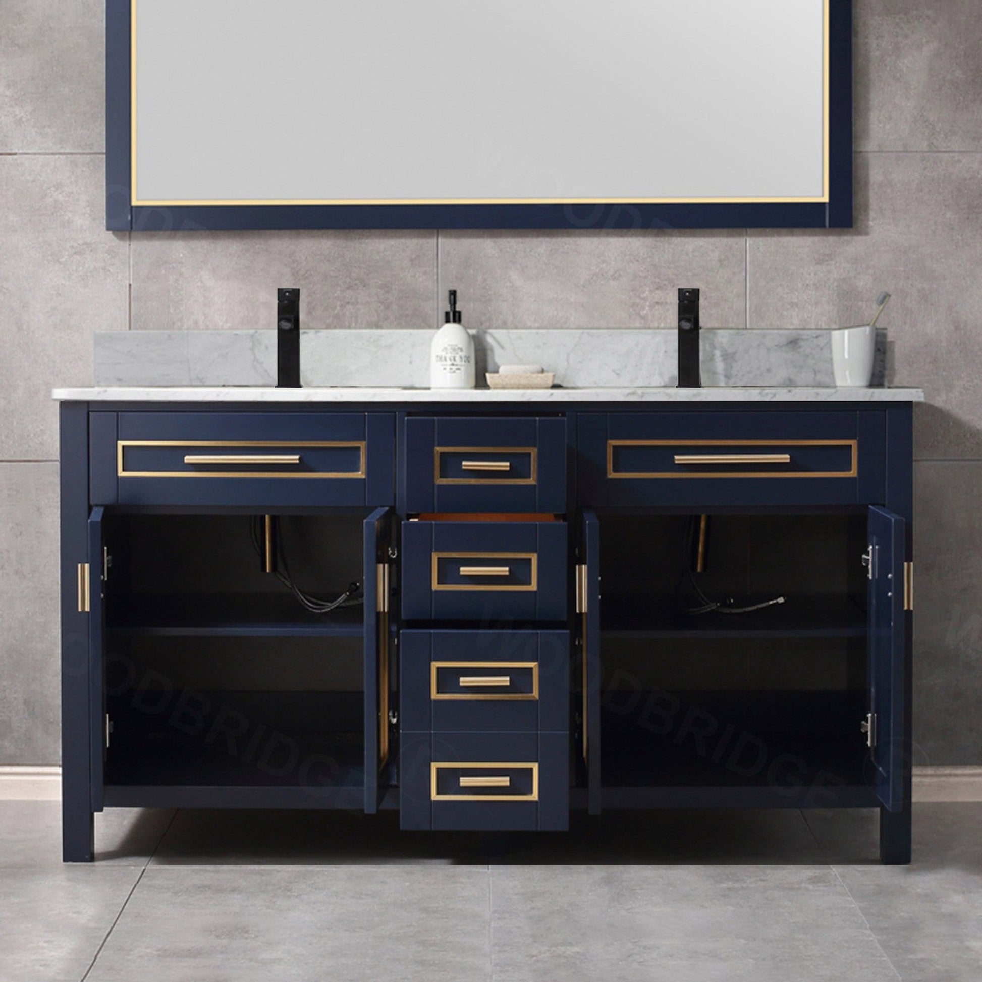 Woodbridge Milan 61" Navy Blue Solid Wood Vanity Base and Carrara White Marble Top, Single Basin With Pre-Drilled Single Faucet Hole