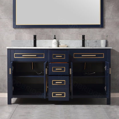 Woodbridge Milan 61" Navy Blue Solid Wood Vanity Base and Carrara White Marble Top, Single Basin With Pre-Drilled Single Faucet Hole