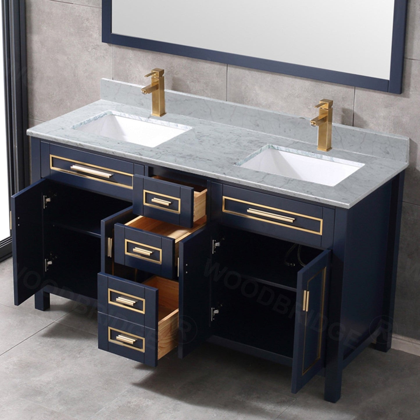 Woodbridge Milan 61" Navy Blue Solid Wood Vanity Base and Carrara White Marble Top, Single Basin With Pre-Drilled Single Faucet Hole