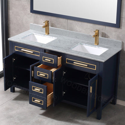 Woodbridge Milan 61" Navy Blue Solid Wood Vanity Base and Carrara White Marble Top, Single Basin With Pre-Drilled Single Faucet Hole